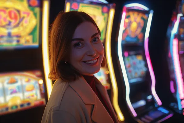 A glamorous woman holding casino chips in a neon-lit environment, representing the premium online casino atmosphere of A177.